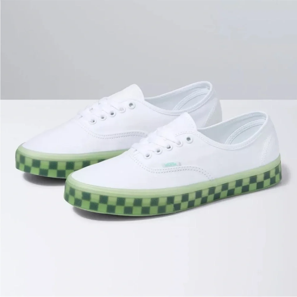 Vans White Canvas Sneakers with Green Checkerboard Sole